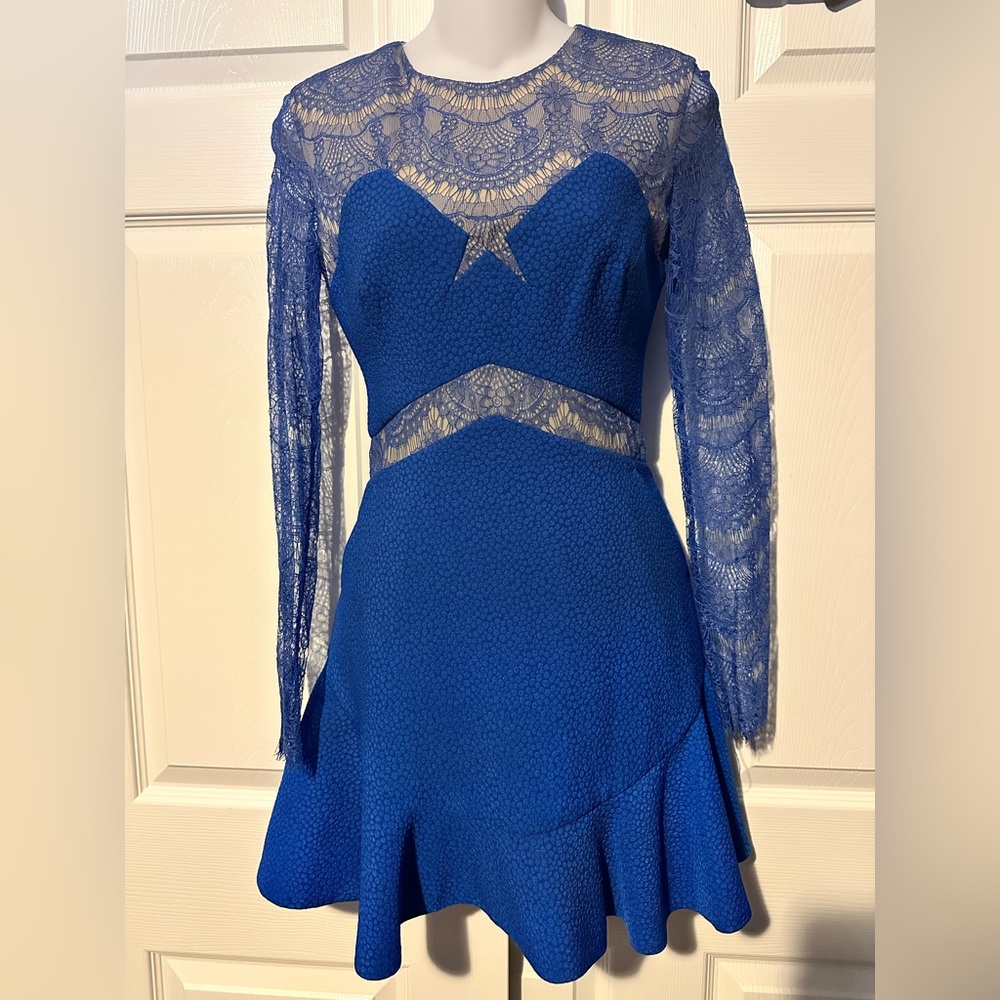 Three Floor XS 4 cobalt, blue nude tan, long sleeve Blue Lace Dress